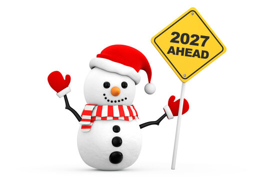 Snowman with 2027 New Year Ahead Sign. 3d Rendering