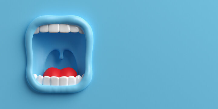 Communication And Expression Concept. Wide Open Mouth With White Teeth And Red Tongue On Blue Background With Large Copy Space. 3D Rendering