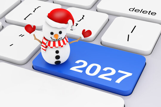 Blue 2027 New Year Key with Snowman on White PC Keyboard. 3d Rendering