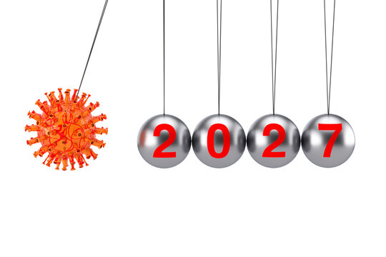 2027 Year World Crisis Concept. Coronavirus COVID-19 Cell Attack Newtons Cradle Balancing Ball with 2027 Year Sign. 3d Rendering
