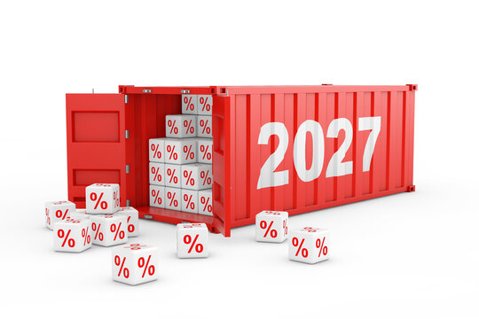 2027 New Year Red Cargo Shipping Container with Discount Percent Cubes. 3d Rendering