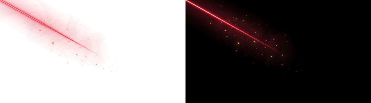 Red laser beam streaking diagonally with glowing spark particles for futuristic sci fi visual effects PNG, Transparent and Black Background Versions