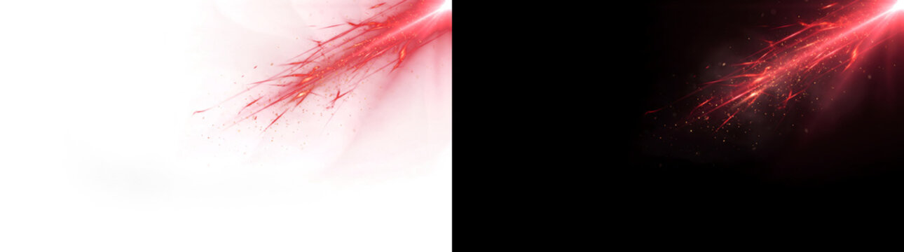 Red light beam streaking diagonally with fragmented sparks and glowing debris for intense sci fi designs PNG, Transparent and Black Background Versions