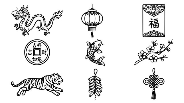 Hand drawn clean solid bold chinese new year element icon set dragon lantern angpao coin fish plum blossom tiger zodiac, black ink vector illustration