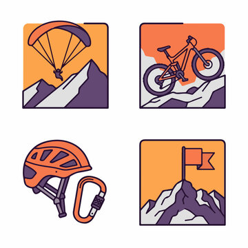 Adventure sports icons set with mountain and gear.