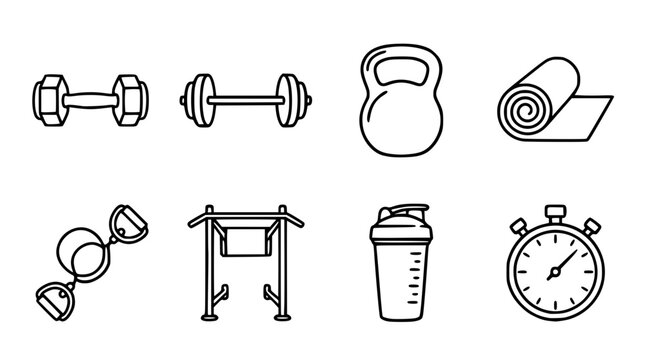 Hand drawn clean solid bold fitness gym icon set dumbbell barbell kettlebell mat band pull bar protein shake, black ink vector illustration