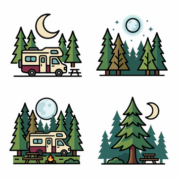 Camping and Forest Illustrations with Moon and Trees.