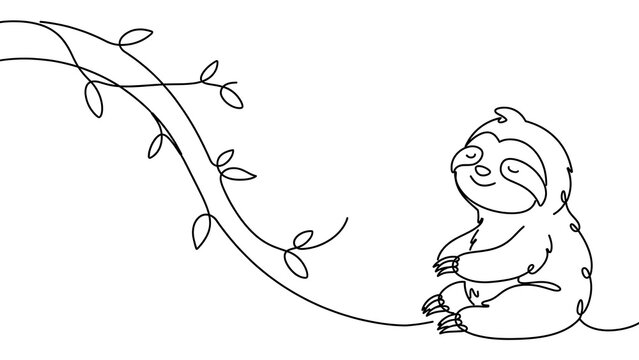 Sloth hanging from branch white background.