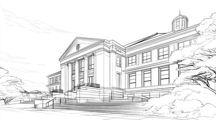 Obraz premium Detailed Line Art of Architectural Building with Steps and Trees