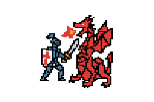 Pixel art of a brave medieval knight fighting a fire breathing red dragon with a sword and shield, perfect for retro fantasy RPG game scenes.