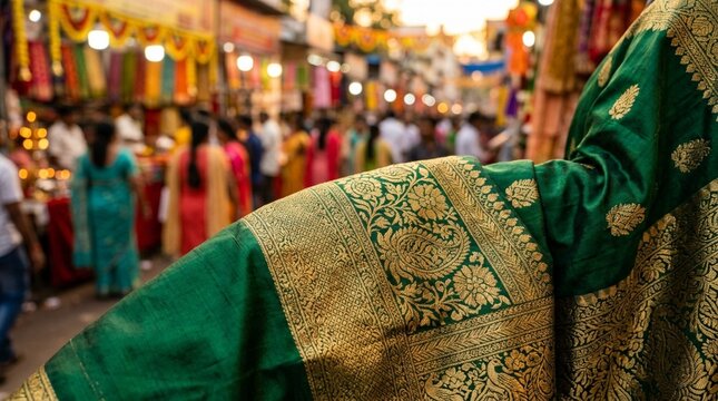 Traditional Indian Silk Saree Fabric at Busy Street Market