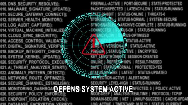Cyber defense system active with radar scanner and binary code background, displaying threat warnings, and secure network, monitoring protocols for, information security and, digital protection