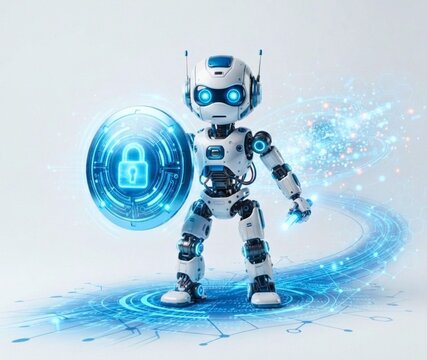 Small cute robot holding a glowing digital blue security shield