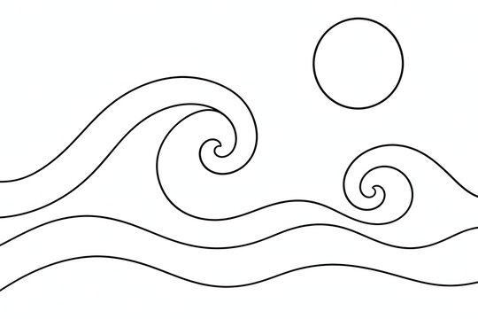 Minimalist Swirling Ocean Waves and Sun Line Art Coloring Page, Generative AI