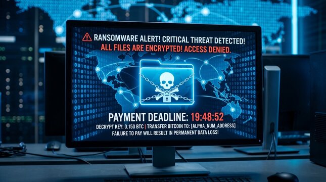 Computer monitor displaying dangerous ransomware cyber attack alert with skull icon and digital world map background