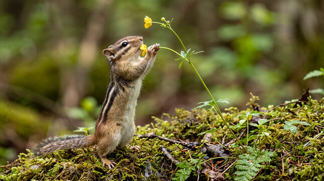 Cute chipmunk standing on moss smelling a yellow wildflower in forest