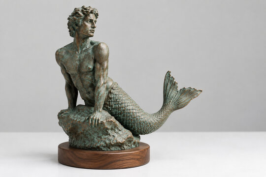 Bronze merman figurehead sculpture with patina, nautical art and craftsmanship concept