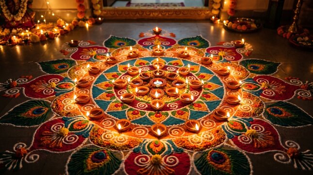 Beautiful colorful rangoli design with lit diyas for diwali