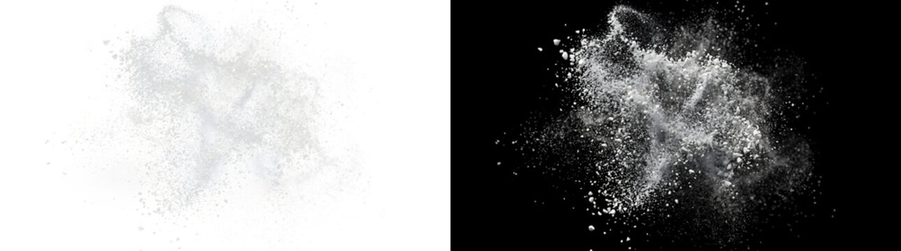 Explosion of white powder chunks and fine dust in a dynamic cloud for creative overlays in PNG, Transparent and Black Background Versions