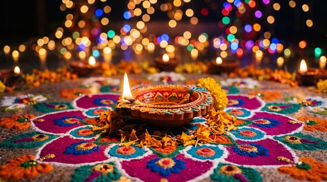 Traditional diwali diya lamp on colorful rangoli pattern