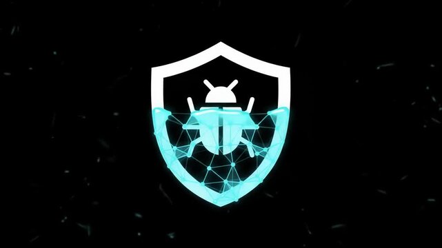 Antivirus Protection Shield Icon Eliminating Digital Malware Bug with Glowing Plexus Wireframe Mesh for Cyber Defense and Software Security Loop