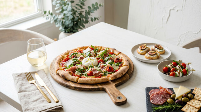 Bright modern dining table featuring delicious pizza and wine perfect for elegant Italian restaurant menus and vibrant food lifestyle promotions
