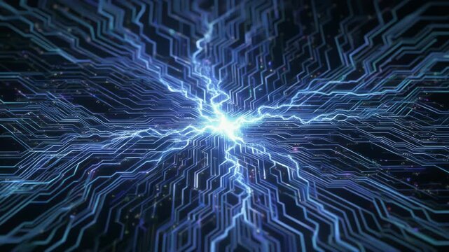一瞬で広がる電子回路と雷光のテクノロジー背景