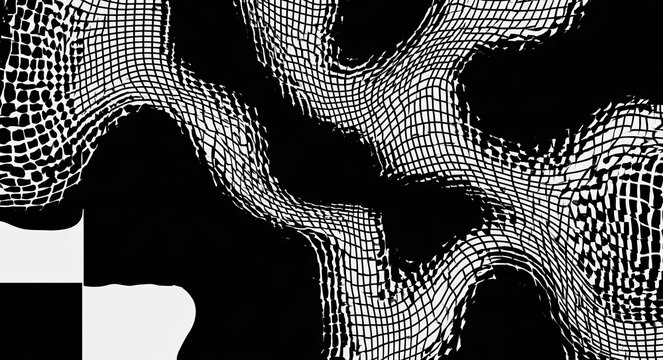 Distorted monochrome grid pattern with flowing organic shapes and dark voids