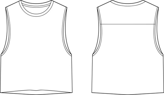 Women sleeveless crop top front and back view fashion flat sketch vector illustration template