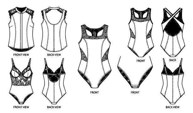 Fashion Sleeveless Tops and Bodysuits Technical Specification Black Vector Set