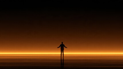 Obraz premium A figure stands alone in a vast amber space, symbolizing freedom from obligations, debt, and constraints. The background fades into darkness.