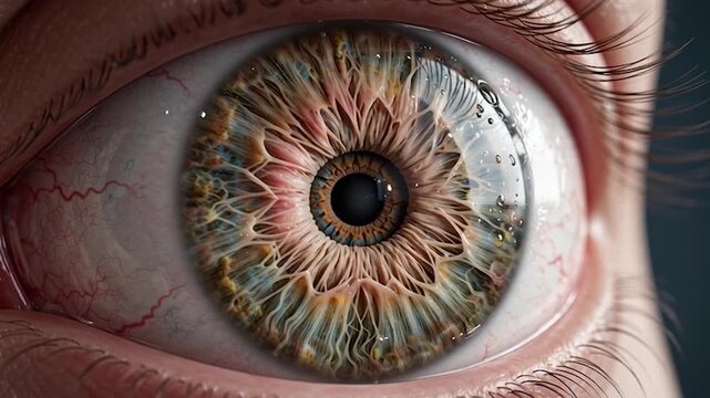 3D Motion Graphic Loop of Pupil Contraction and Dilation and Detailed Human Eyeball and Iris Anatomy with Cinematic Microscopic Reflections