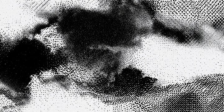 Abstract black and white digital art composed of granular textures and soft, wispy shapes