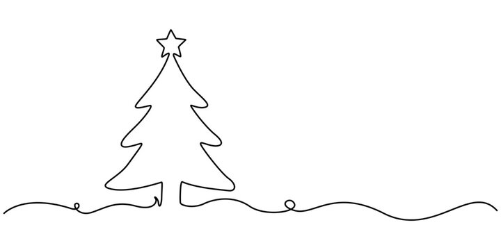 Christmas tree star one line continuous illustration, Hand drawn christmas tree in minimalistic design. Continuous one line drawing Christmas tree. Vector illustration. 