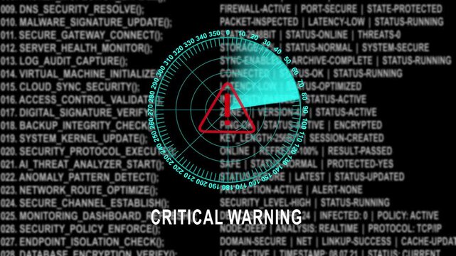 Critical cyber security warning screen animation featuring scanning radar interface, red alert triangle and complex programming source code scrolling in the background, for technology projects