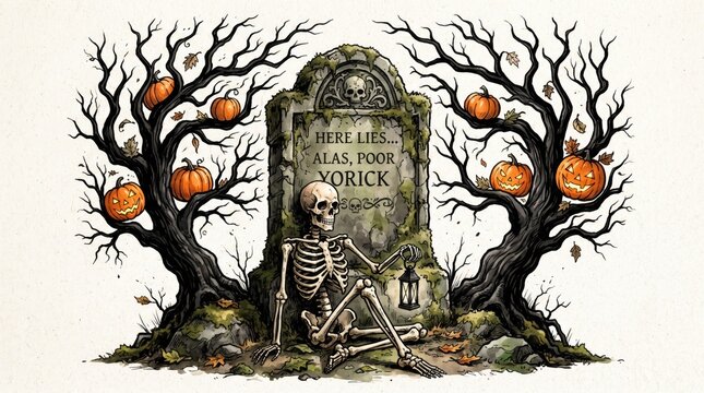 Prompt give me unicuq skeleton sitting by a gravestone with pumpkins