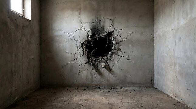 Empty square room with Explosion hole in concrete cracked wall