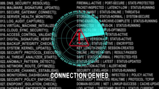 Cyber security warning concept featuring a scanning radar display over digital source code and source code lines stating connection denied error for network intrusion detection background