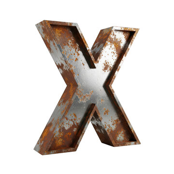 Rusty metal letter x with a weathered industrial texture isolated on transparent background
