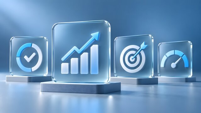 3D glass icons representing business performance metrics with bar chart upward arrow target bullseye and speedometer for analytics dashboard design