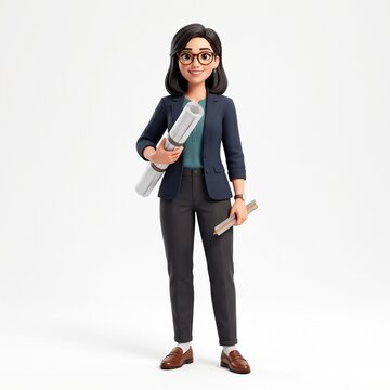 3D render of a smiling woman architect holding blueprints and a scale ruler