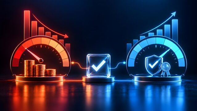 3D glowing dashboard gauges comparing decreasing monetary costs and increasing premium quality connected by a central checkmark representing optimal business strategy