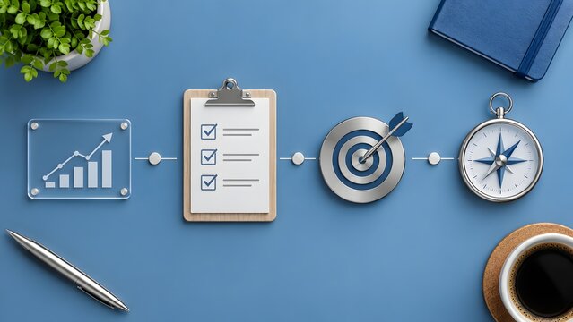 Flat lay composition of strategic business planning process with growth chart checklist clipboard target compass and office supplies on blue background