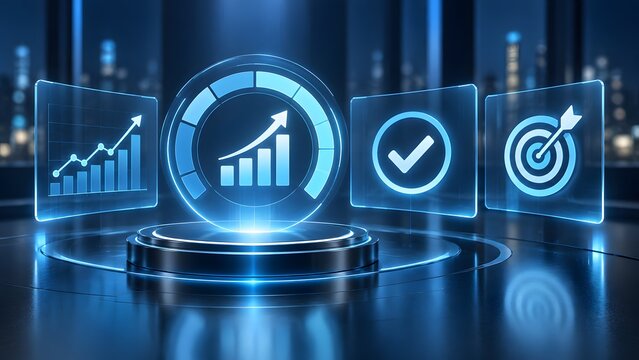 Futuristic digital dashboard interface displaying financial growth metrics with glowing blue 3d glass charts checkmark and target symbols in cyberspace