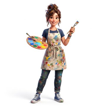 3D cartoon artist woman holding a paintbrush and colorful paint palette
