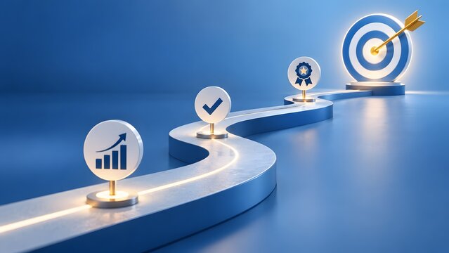 Business success journey concept with 3D roadmap path connecting growth chart checkmark ribbon and final target bullseye in blue environment