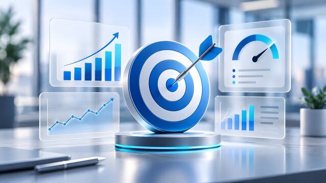 3D business target bullseye with an arrow in the center surrounded by digital performance charts and KPI analytics dashboards on a modern office desk