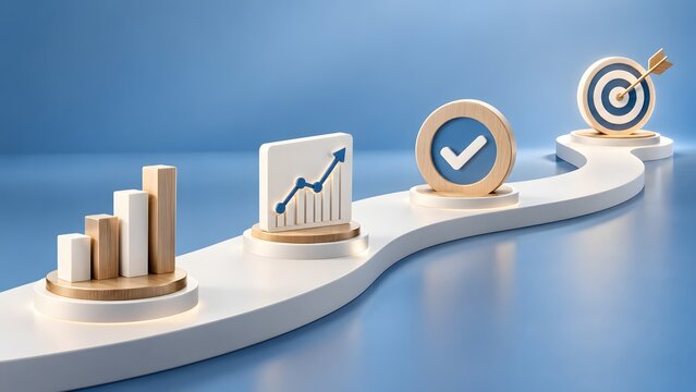 3D winding white pathway on blue floor displaying business progression with wooden bar charts line graph checkmark and final bullseye target milestone