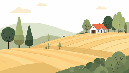 Obraz premium Beautiful rural countryside illustration featuring golden farmland, trees and a small house. Suitable for agriculture, farming, village lifestyle, nature tourism, and peaceful living concepts.