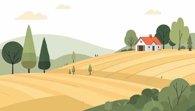 Beautiful rural countryside illustration featuring golden farmland, trees and a small house. Suitable for agriculture, farming, village lifestyle, nature tourism, and peaceful living concepts.